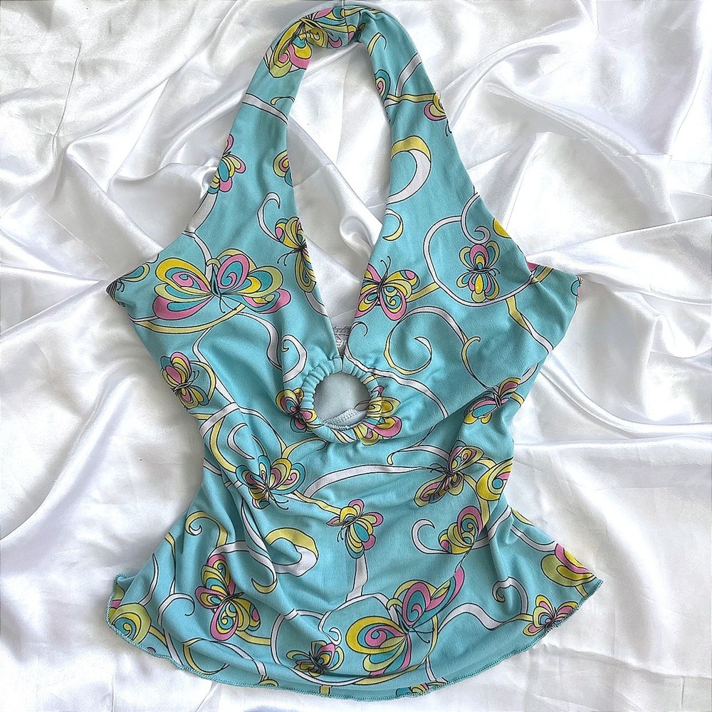 Vintage Rave Y2K Butterfly Halter Top O-Ring Psychedelic Turquoise Large L